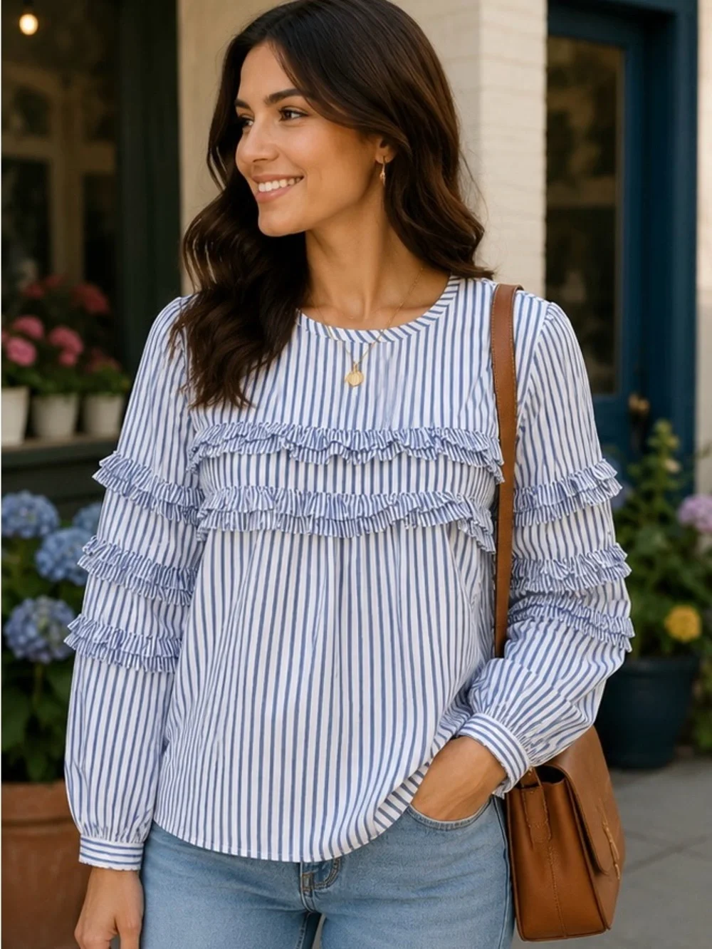 J. Crew Blue & White Striped Ruffle Tier Blouse